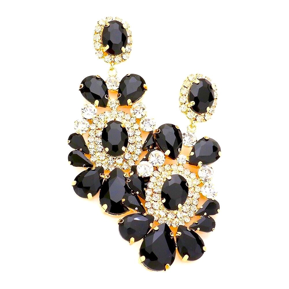 Gold & Jet Black Stone Rhinestone Evening Statement Earrings